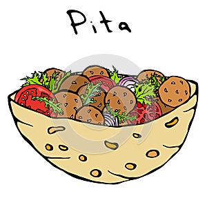 Falafel Pita or Meatball Salad in Pocket Bread. Arabic Israel Healthy Fast Food Bakery. Jewish Street Food. Realistic photo