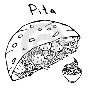 Falafel Pita or Meatball Salad in Pocket Bread and Mayonnaise Sauce. Arabic Israel Healthy Fast Food Bakery. Jewish