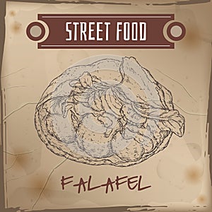 Falafel in pita sketch on grunge background.