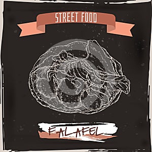Falafel in pita sketch on grunge black background.