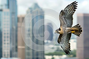 falcon in flight with a city skyline behind