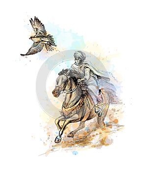 Falcon hunting. Arabian man with a falcon and a horse