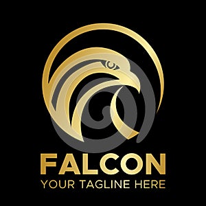 Falcon logo. Gold head of eagle circle symbol .