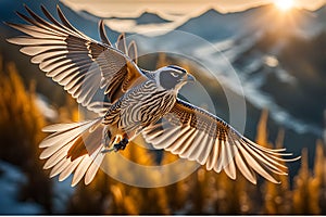 Falcon in Mid-Flight, Every Feather Captured in Stunning Clarity - Background Portraying a Sweeping Landscape