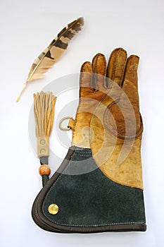 Falconry glove and feather.