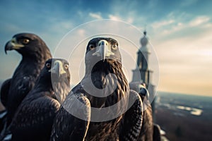 Falcons on the church roof. Generative AI image.