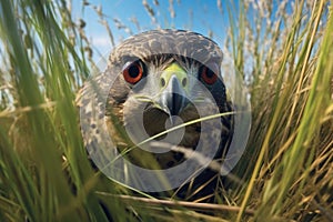 falcons eye view of prey hiding in tall grass