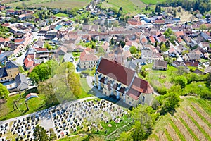 Falkenstein Church and cemetery in Weinviertel, Lower Austria during summer