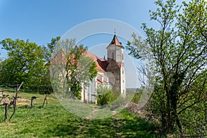 Falkenstein Church and village in Weinviertel, Lower Austria during summer