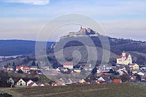 Falkenstein ruins and town with vineyard, Lower Austria, Austria