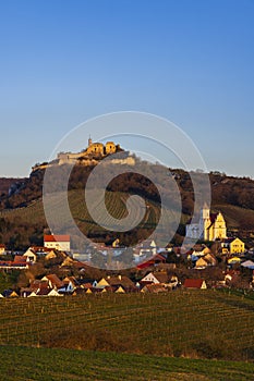 Falkenstein ruins and town with vineyard, Lower Austria, Austria