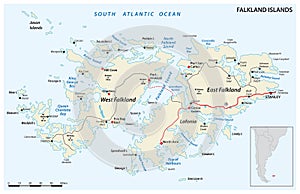 Falkland Islands, also Malvinas, vector road map