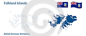 Falkland Islands map. British overseas territory in the in the South Atlantic Ocean. Islas Malvinas. Detailed blue outline and sil photo