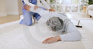 Fall, accident and senior patient with nurse health in a hospital with injury and caregiver support. Elderly care
