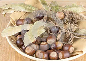 Fall acorns as a decoration in a basket