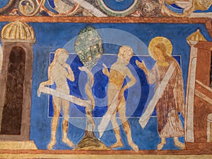 The Fall of Adam and Eve. A medieval mural