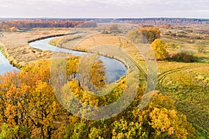 Fall. Aerial landscape. Autumn meadow. Fall nature. Tranquil colorful background. Above meadow