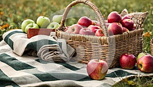 Fall autumn apple harvest in grass basket picnic