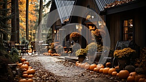 Fall and autumn beautifully decorated house porch with pumpkins, gourds and seating - generative AI