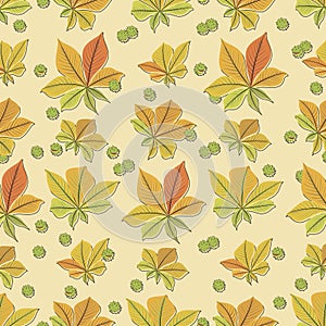 Fall. Autumn chestnut leaves, fruits. Fall background. Autumn time. Seamless pattern, template