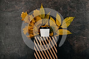 Fall autumn design concept of mockup paper recycled coffee cup and yellow leaves in shopping bag on dark background. Copy space