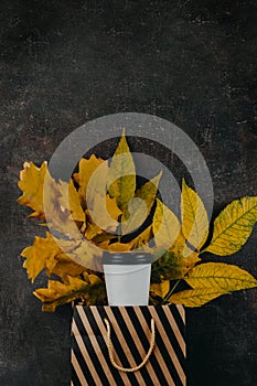Fall autumn design concept of mockup paper recycled coffee cup and yellow leaves in shopping bag on dark background. Copy space