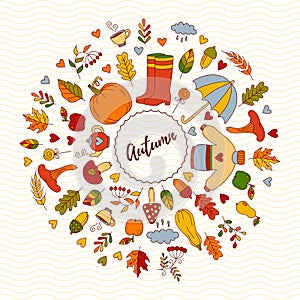 Fall autumn doodle icons round vector frame