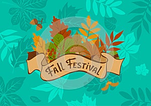 Fall autumn forest leaf festival background with vintage badge on foliage texture