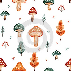 Fall autumn fungus amanita leaves autumn seamless watercolor pattern