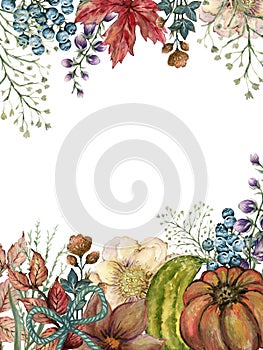 Fall Autumn invitation design wreath bouquet frame card, leaves flower foliage seasonal botanical garden forest watercolor