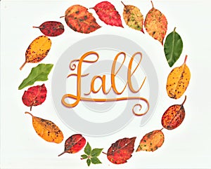 Fall - autumn leaves in a circle making a colorful wreath floral and handmade nice text lettering