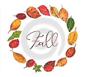 Fall - autumn leaves in a circle making a colorful wreath floral handmade text
