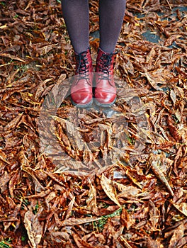 Fall, autumn, leaves, legs and red shoes.