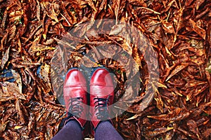 Fall, autumn, leaves, legs and red shoes.