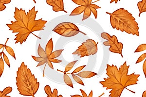 Fall autumn leaves seamless pattern, nature orange background