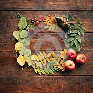 Fall autumn leaves wooden background concept