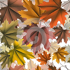 Fall Autumn Maple Leaves 3d Seamless Pattern. Leafy botanical vector autumn backgrpound. Drawing falling maple leaves ornaments.