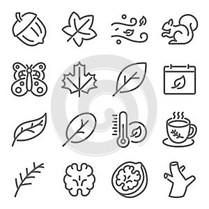Fall Autumn Season icon illustration vector set. Contains such icons as Leaves, Winter, Coffee, Butterfly, Walnut, Squirrel, and m
