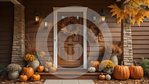 fall autumn wreath on brown front door and autumn decor on front door steps. ai generated