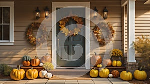 fall autumn wreath on brown front door and autumn decor on front door steps. ai generated