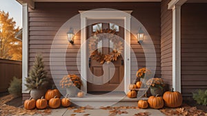fall autumn wreath on brown front door and autumn decor on front door steps. ai generated
