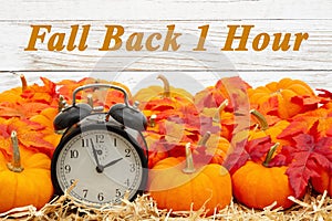 Fall Back 1 hour time change message with a retro alarm clock with pumpkins and fall leaves