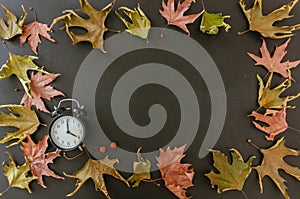 Fall Back, Daylight Saving Time. Black clock and autumn leaves frame