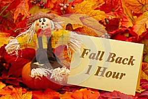 Fall back 1 hour card with fall leaves