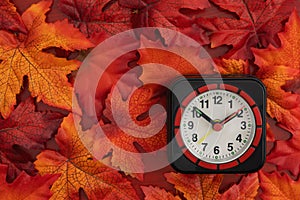 Fall Back 1 Hour with fall leaves and clock on wood for DST