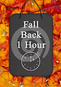 Fall Back 1 hour time change message on a chalkboard sign on pumpkins