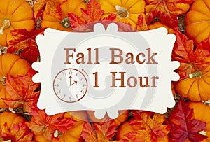 Fall Back 1 hour time change message on a metal sign on pumpkins