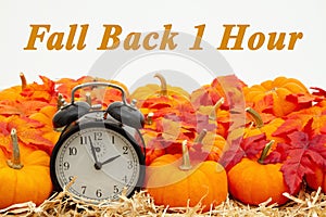 Fall Back 1 hour time change message with a retro alarm clock with pumpkins and fall leaves