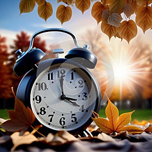 Fall Back Time - Daylight Savings End - Alarm clock in colorful autumn leaves against a dark background