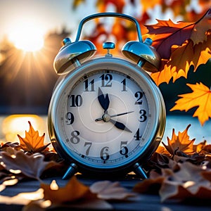 Fall Back Time - Daylight Savings End - Alarm clock in colorful autumn leaves against a dark background